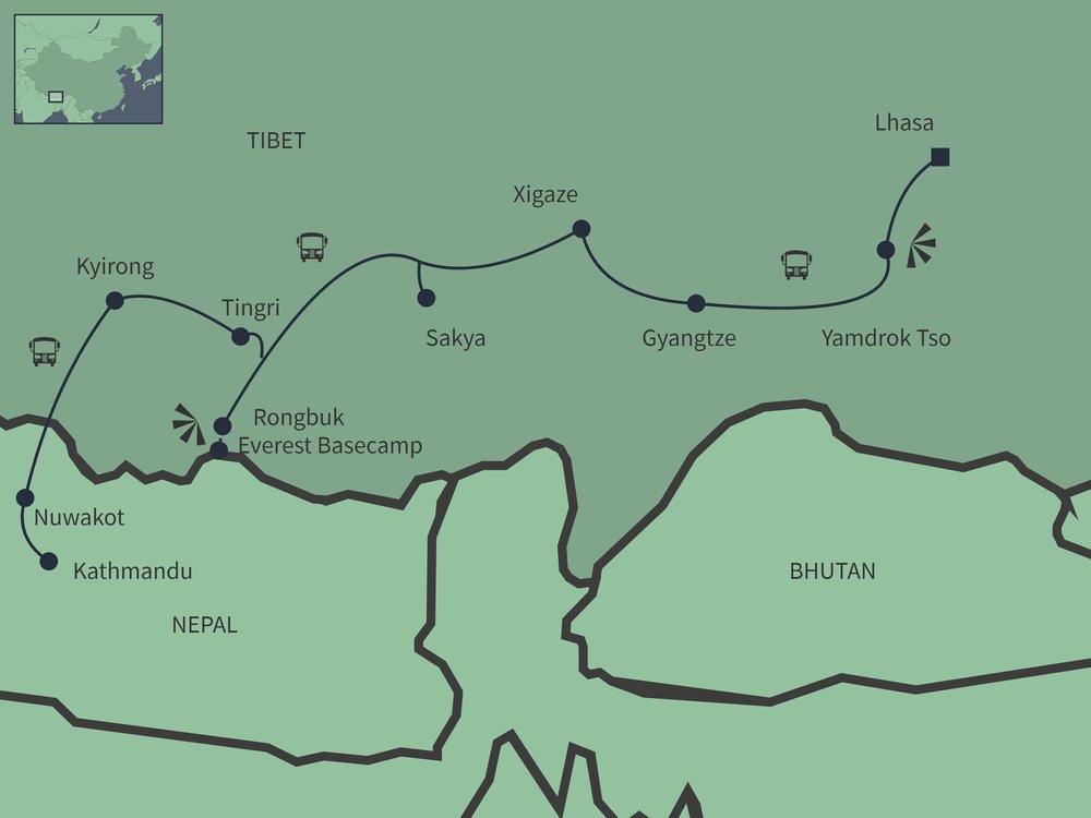 Routekaart van Overland van Lhasa in Tibet naar Kathmandu in Nepal