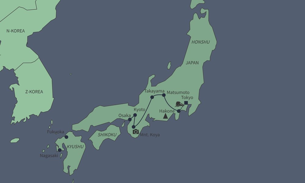 Routekaart van Familiereis Japan met huurauto