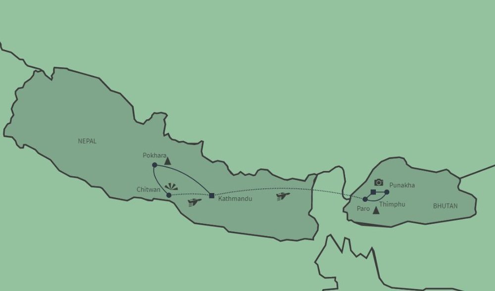 Routekaart van Nepal en Bhutan