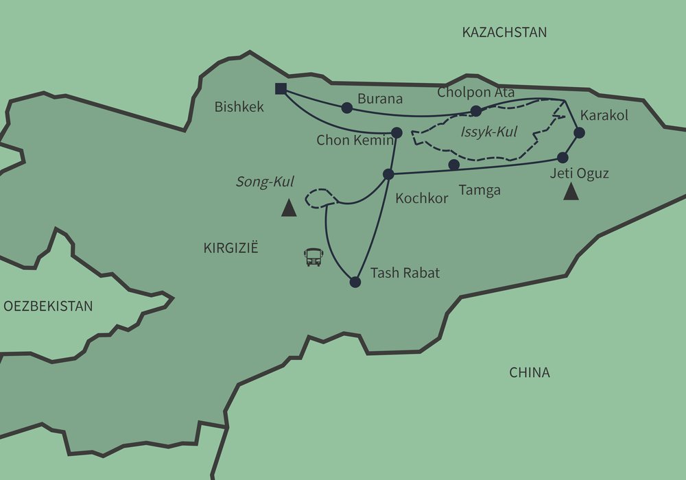 Routekaart van De kleuren van Kirgizië