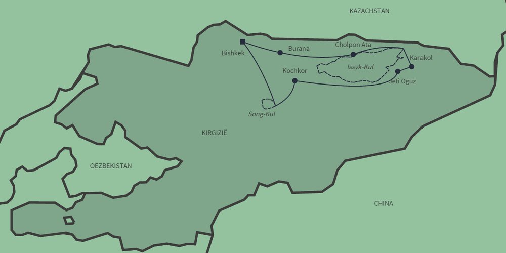 Routekaart van Yurts en paarden in Kirgizië