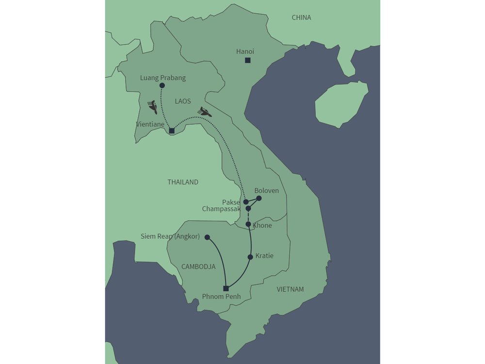 Routekaart van Dwars door Laos en Cambodja