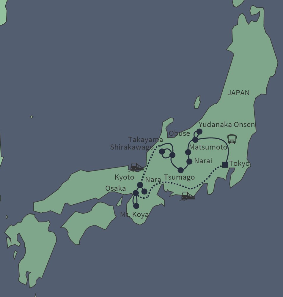 Routekaart van Groepsreis Japan in al haar facetten