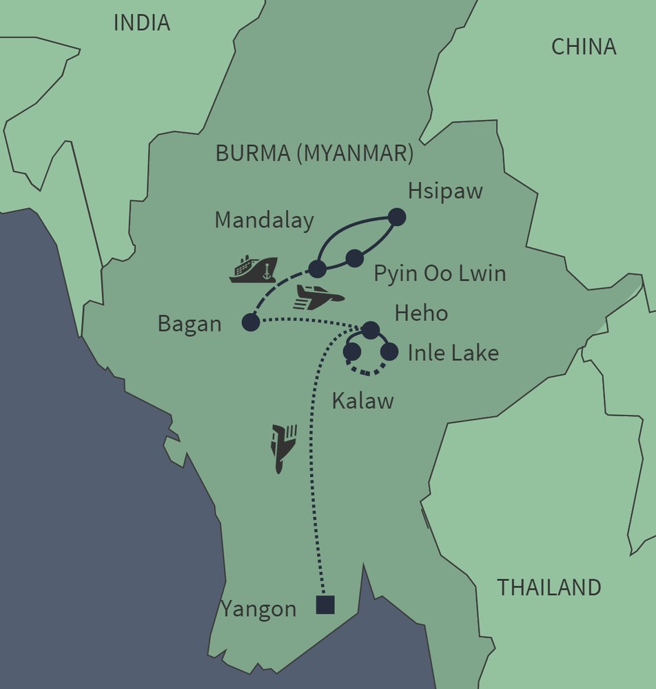 Routekaart van Myanmar actief en afwisselend