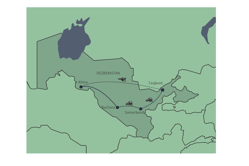 Routekaart van Zijderoute door Oezbekistan