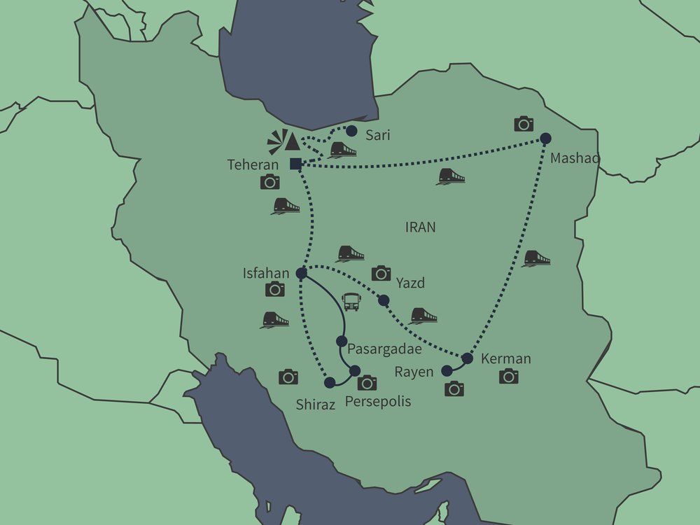 Routekaart van Ontdek Iran per trein