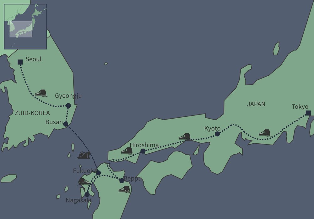 Routekaart van Zuid-Korea en Japan