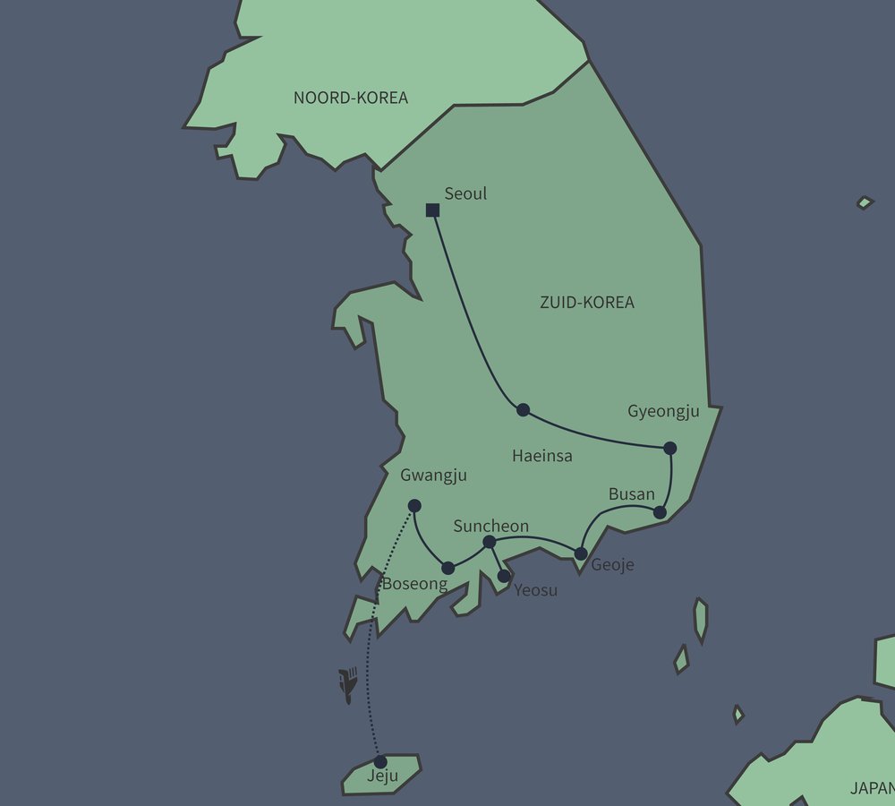 Routekaart van Rondreis hoogtepunten Zuid-Korea per huurauto